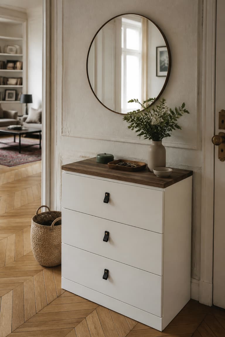 Petite commode MALM transformée en meuble d’entrée avec plateau noyer, poignées en cuir noir et miroir rond.