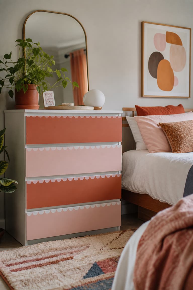 Commode MALM aux façades rose poudré et terracotta décorées d’une fine bordure festonnée peinte.