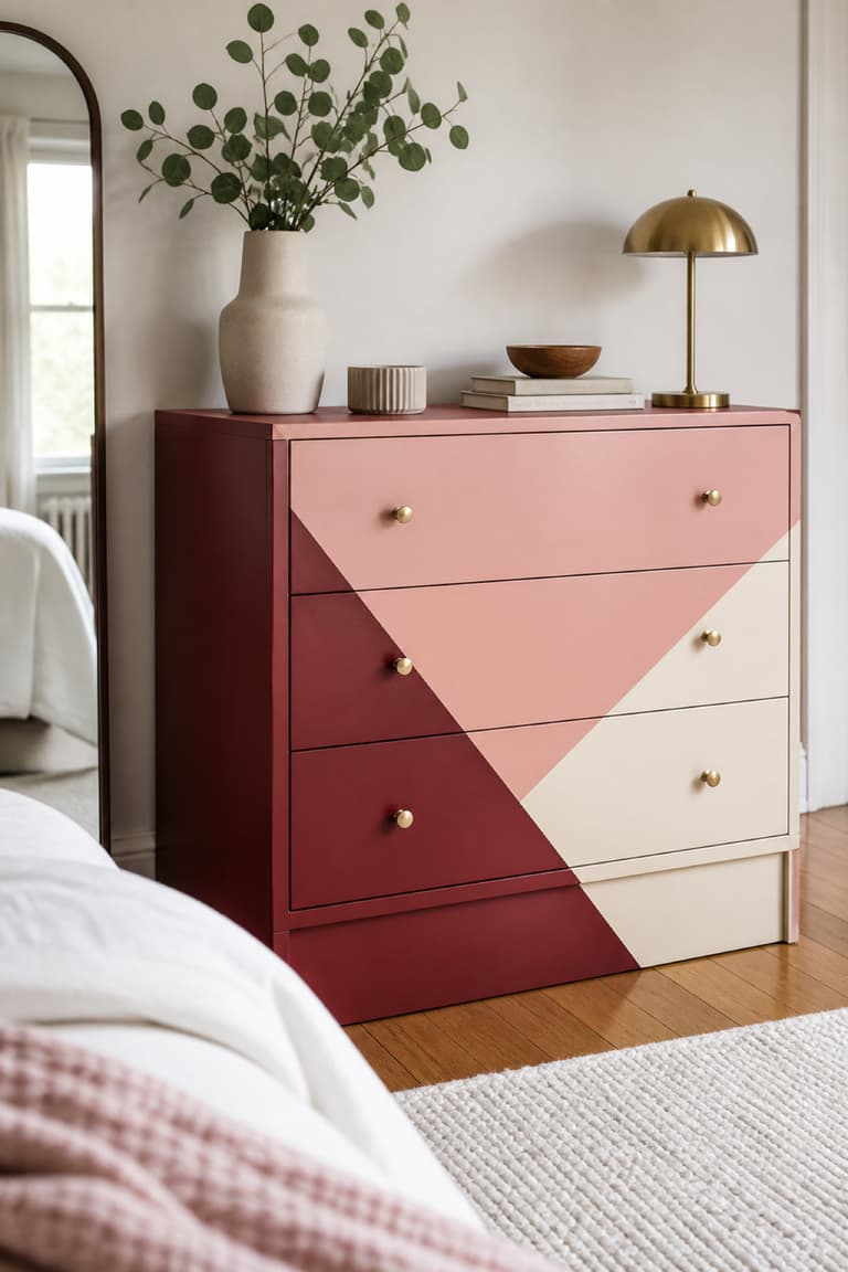 Façades de commode MALM décorées d’un motif géométrique peint en rose, bordeaux et crème avec boutons en laiton.
