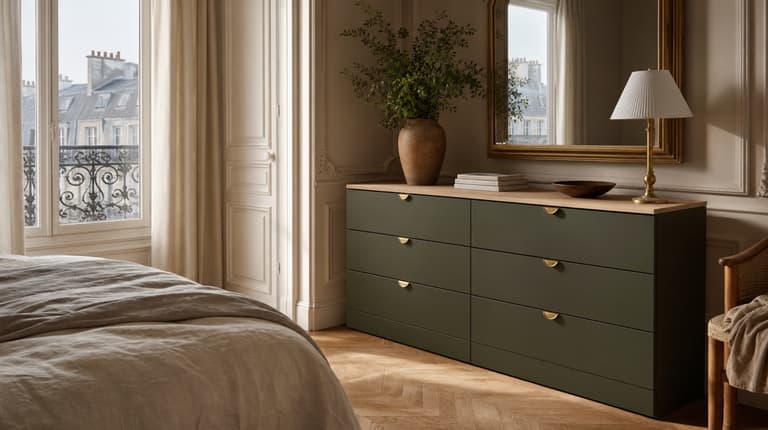 Commode MALM vert olive transformée avec poignées demi-lune en laiton et plateau en chêne dans une chambre parisienne.