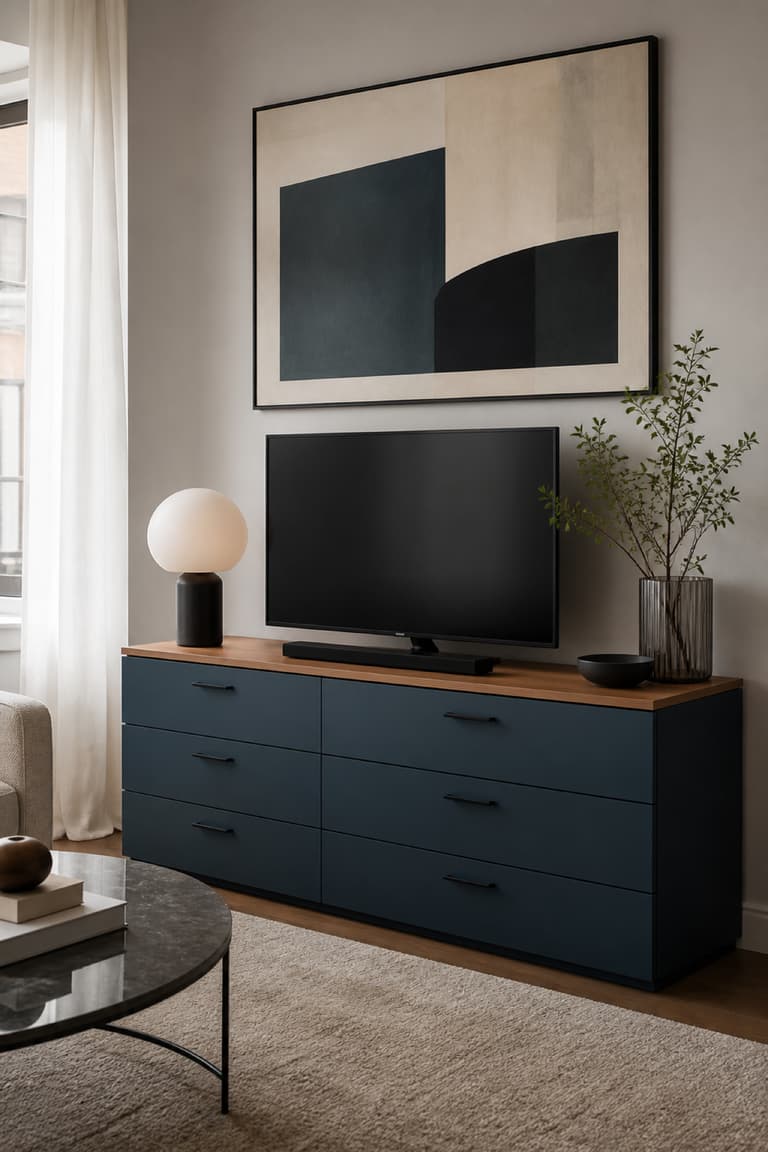 Commode MALM transformée en meuble TV bleu pétrole avec plateau en bois et poignées noires dans un salon.