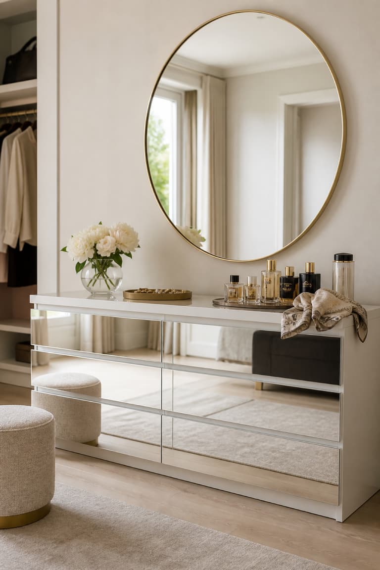 Commode MALM blanche avec façades recouvertes d’un adhésif effet miroir dans un coin dressing élégant.