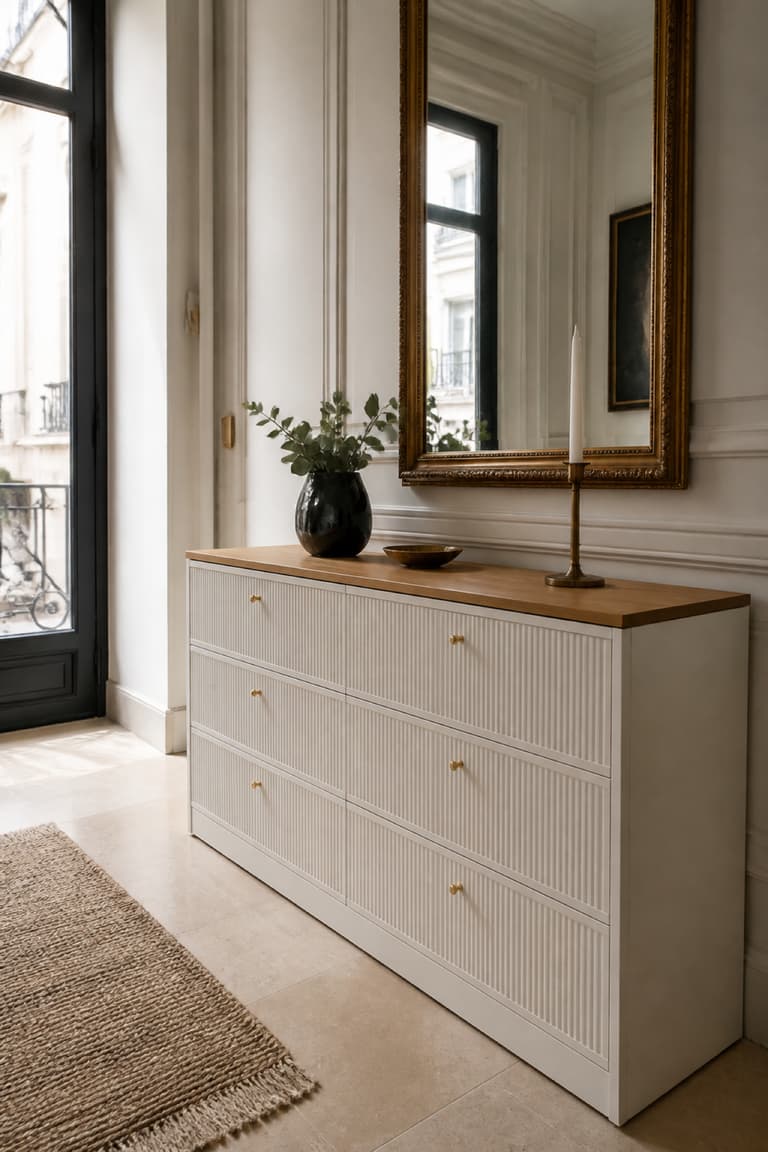 Commode MALM blanche avec façades à moulures, plateau en bois et poignées en laiton dans une entrée.