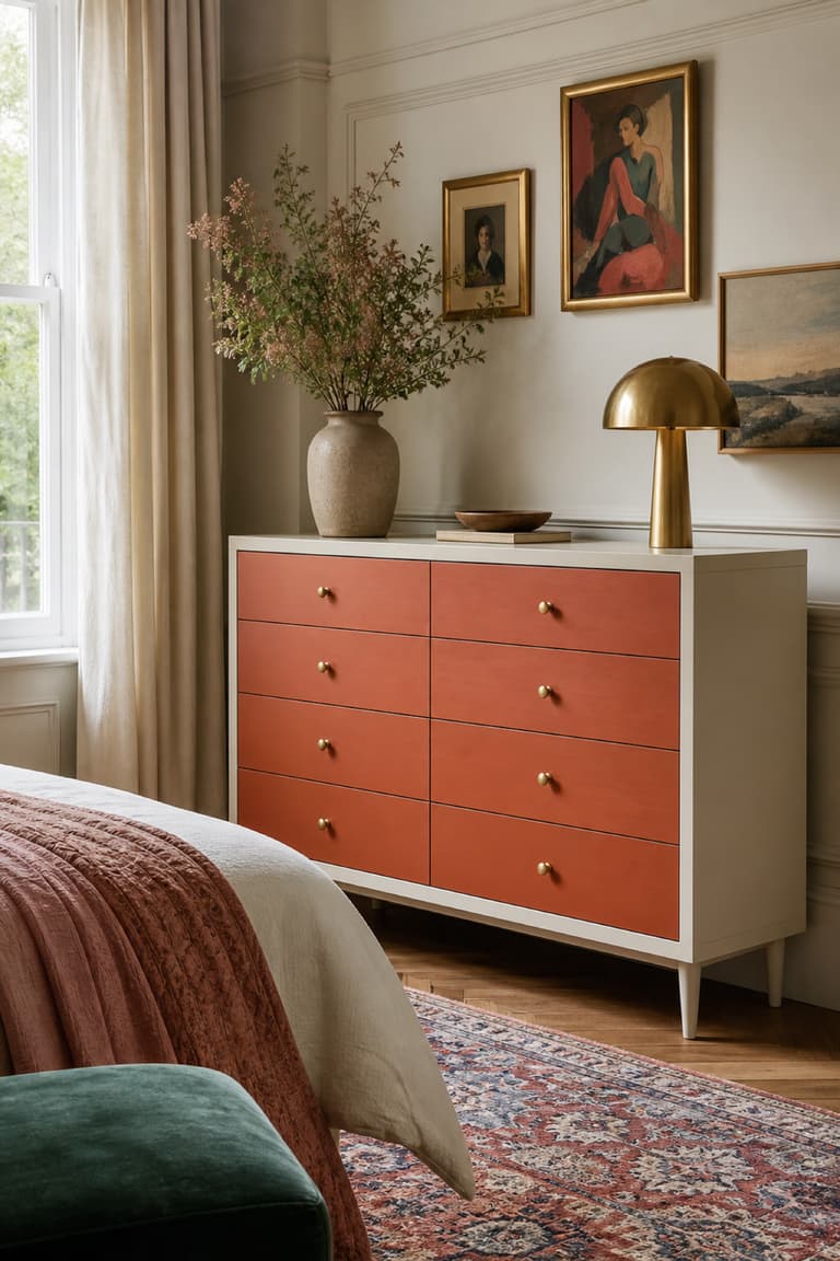 Commode MALM avec façades terracotta et structure crème dans une chambre colorée.