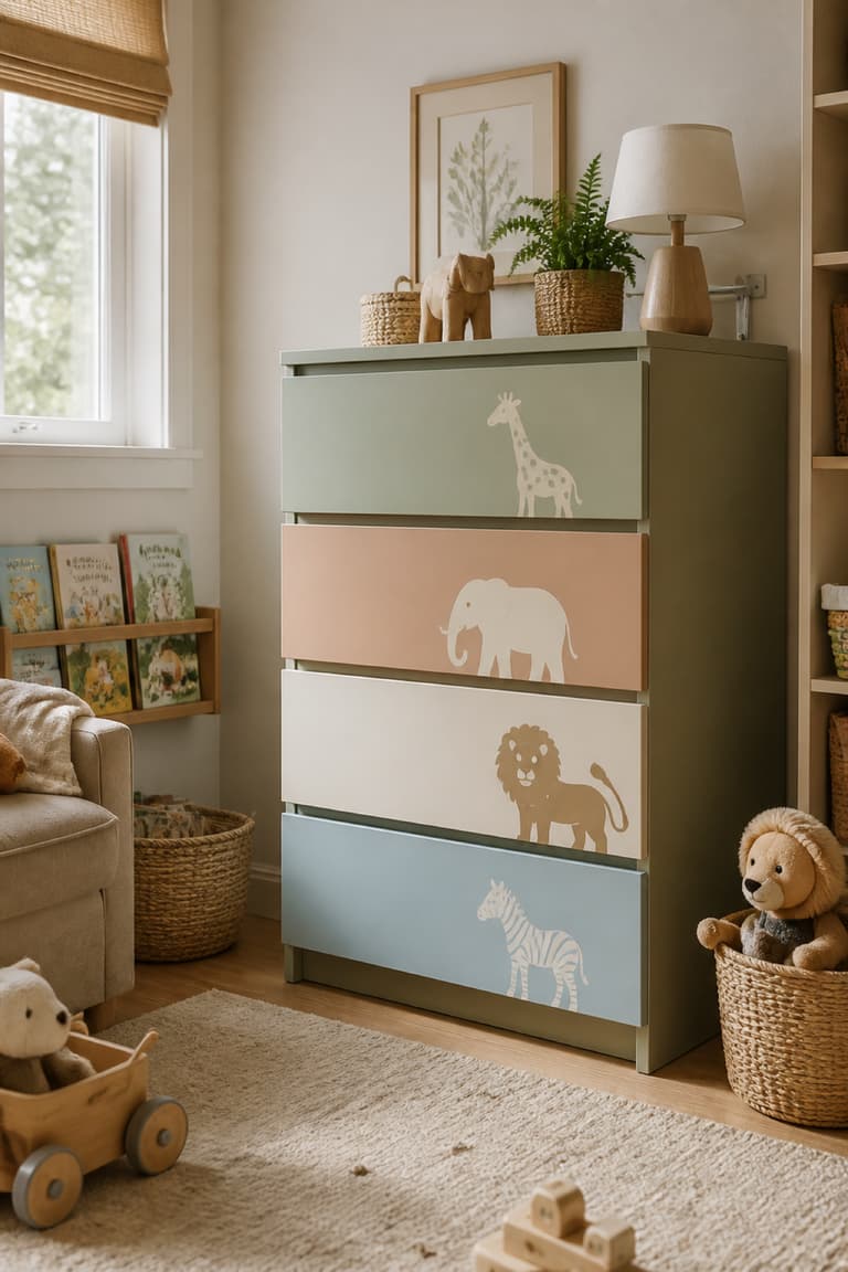 Commode MALM aux façades pastel décorées de silhouettes d’animaux peintes au pochoir dans une chambre d’enfant.