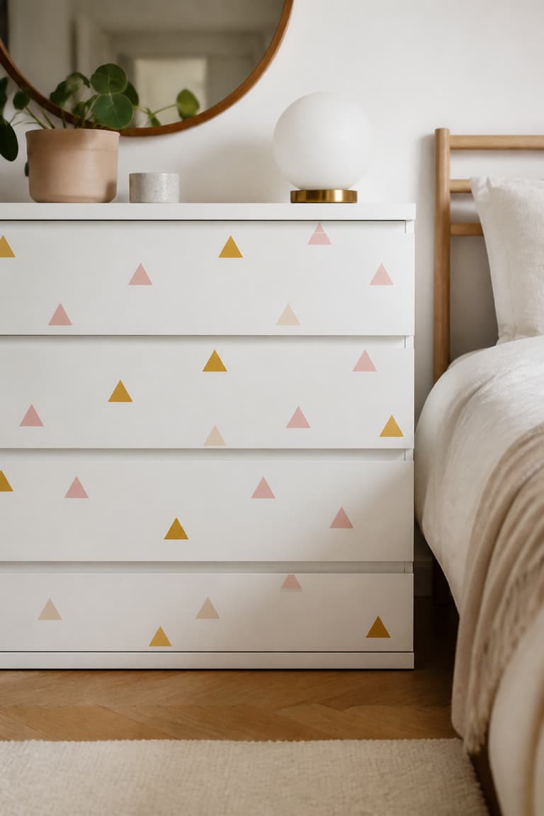Commode MALM blanche décorée de triangles adhésifs géométriques couleur moutarde, rose poudré et crème.