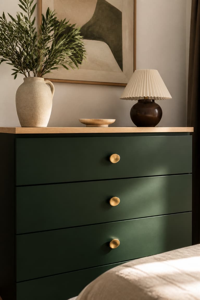 Commode MALM aux façades vert profond avec plateau en bois clair et boutons sculpturaux en laiton.