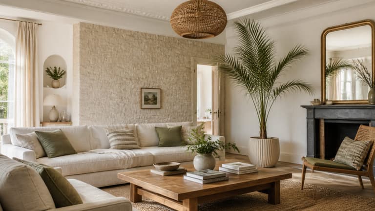 Salon blanc avec décoration exotique, rotin et matières naturelles chez MyyHome Emmy