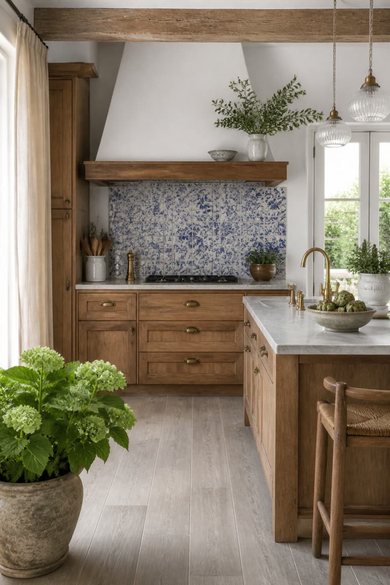 Cuisine ouverte en bois avec crédence bleue et blanche, sol clair, suspensions en verre et plantes vertes