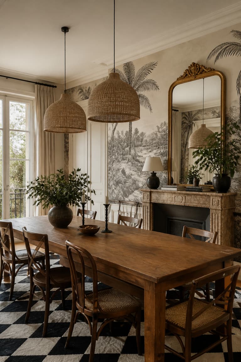 Salle à manger avec grande table en bois, papier peint tropical noir et blanc, miroir doré et suspensions en osier