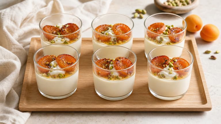 Six verrines de panna cotta fleur d’oranger garnies d’abricots rôtis, de pistaches et de miel