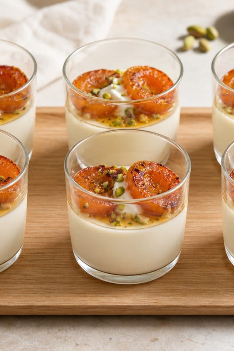 Verrines de panna cotta ivoire à la fleur d’oranger garnies d’abricots rôtis, de pistaches et de miel