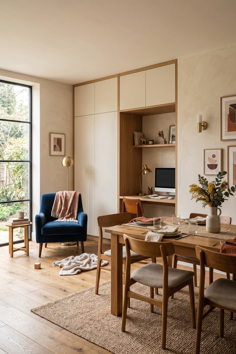 pièce familiale polyvalente avec bureau discret, jeux rangés et bureau intégré