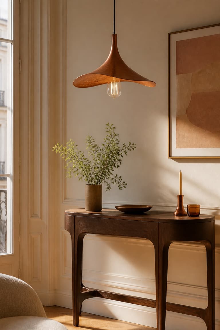 Lampe suspension cuivre dans un intérieur parisien