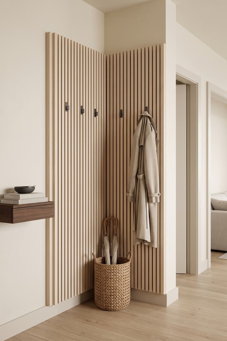Porte-manteau d’angle en bois réalisé avec une tête de lit IKEA MANDAL