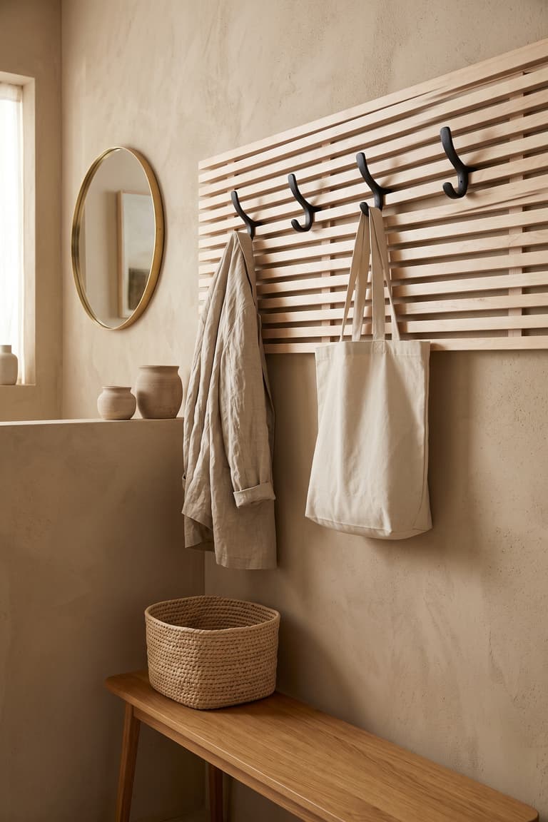 Porte-manteau mural réalisé avec une tête de lit IKEA MANDAL dans une entrée