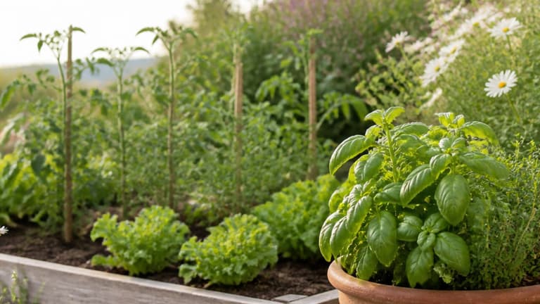 Potager de fin de printemps avec tomates, laitues, basilic et herbes aromatiques