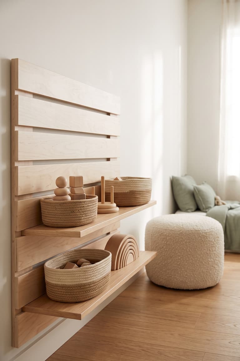 Bacs à jouets installés entre les tasseaux d’une tête de lit IKEA MANDAL