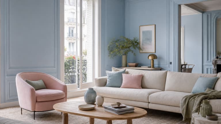 Salon parisien avec mur bleu ciel, fauteuil rose poudré, canapé en lin crème et table basse en bois clair