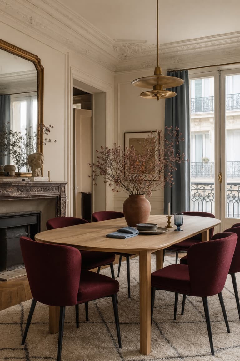 Salle à manger parisienne avec chaises couleur lie-de-vin, table en chêne clair, suspension en laiton et murs écrus