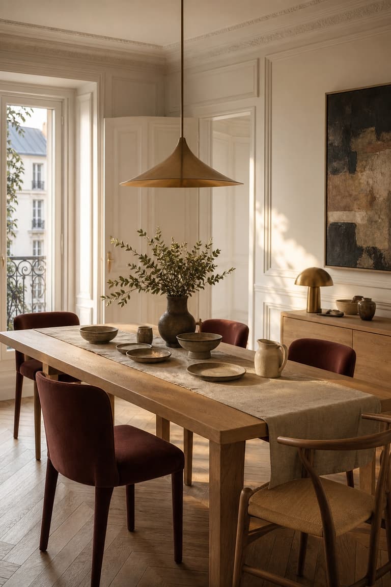 Salle à manger avec table en bois clair, chaises marsala et suspension en laiton