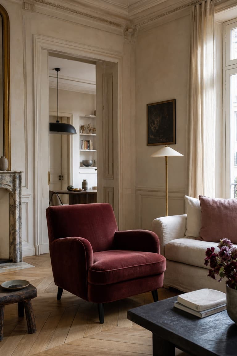 Salon lumineux avec fauteuil en velours couleur lie-de-vin, canapé écru, parquet en bois clair et moulures parisiennes