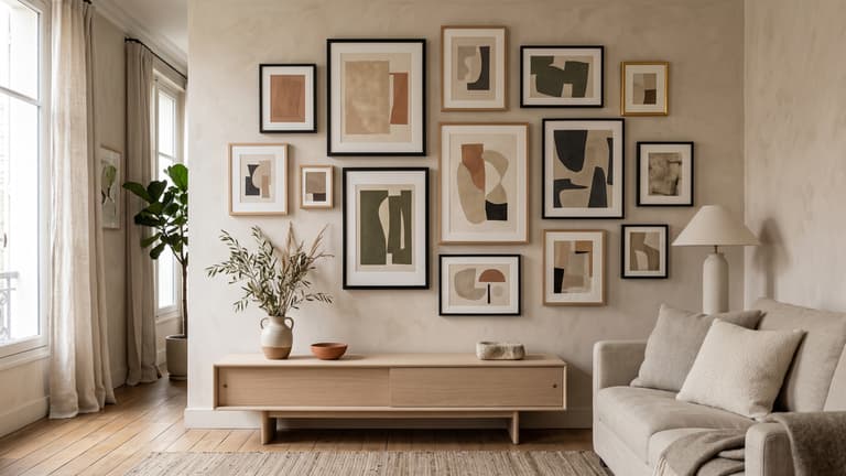 Salon lumineux avec canapé beige et mur de cadres présentant des affiches abstraites dans une décoration contemporaine