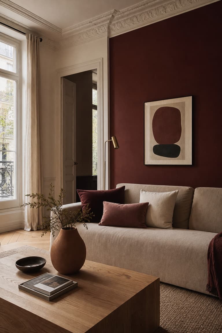 Salon contemporain avec mur marsala, canapé beige, table basse en bois clair et coussins bordeaux