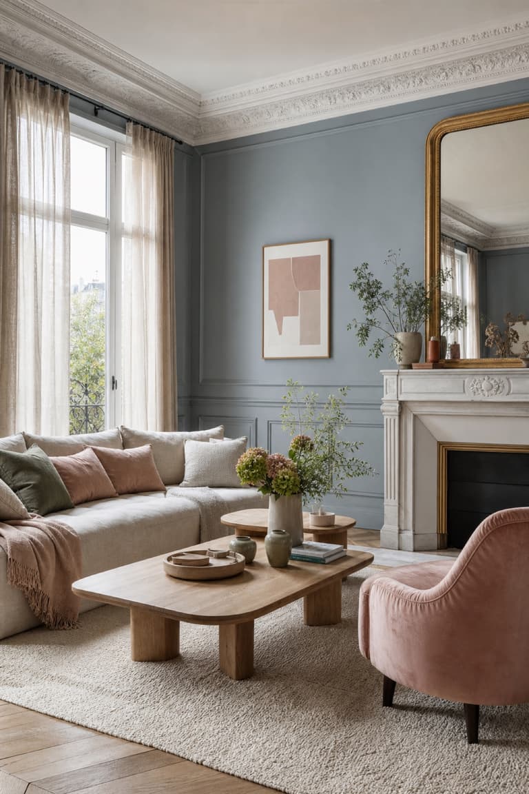Salon parisien avec mur bleu grisé, fauteuil rose poudré et canapé en lin crème