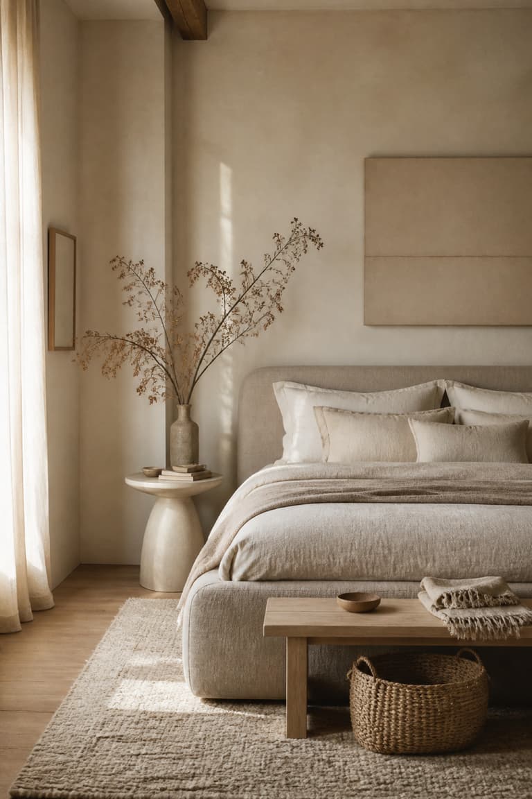 Chambre aux tons naturels avec linge de lit en lin, banc en bois et panier tressé.