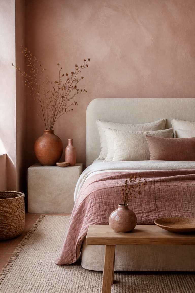 Chambre scandicraft rose poudré avec linge de lit en lin, banc en bois, paniers tressés et poteries artisanales.