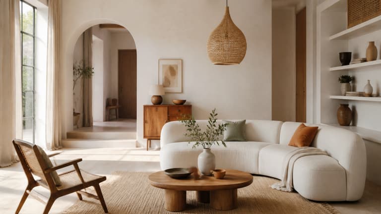 Salon lumineux aux matières naturelles, canapé arrondi et suspension en rotin dans un intérieur scandicraft.