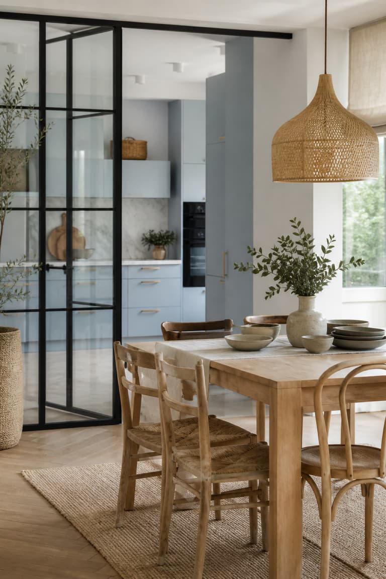 Cuisine bleu pastel ouverte sur une salle à manger avec table en bois et suspension en bambou tressé.