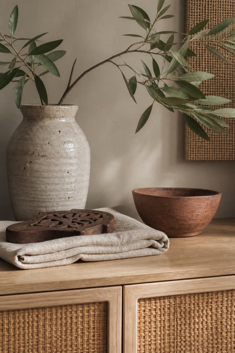 Composition décorative avec vase artisanal, linge en lin, coupe en terre cuite et détail en cannage.
