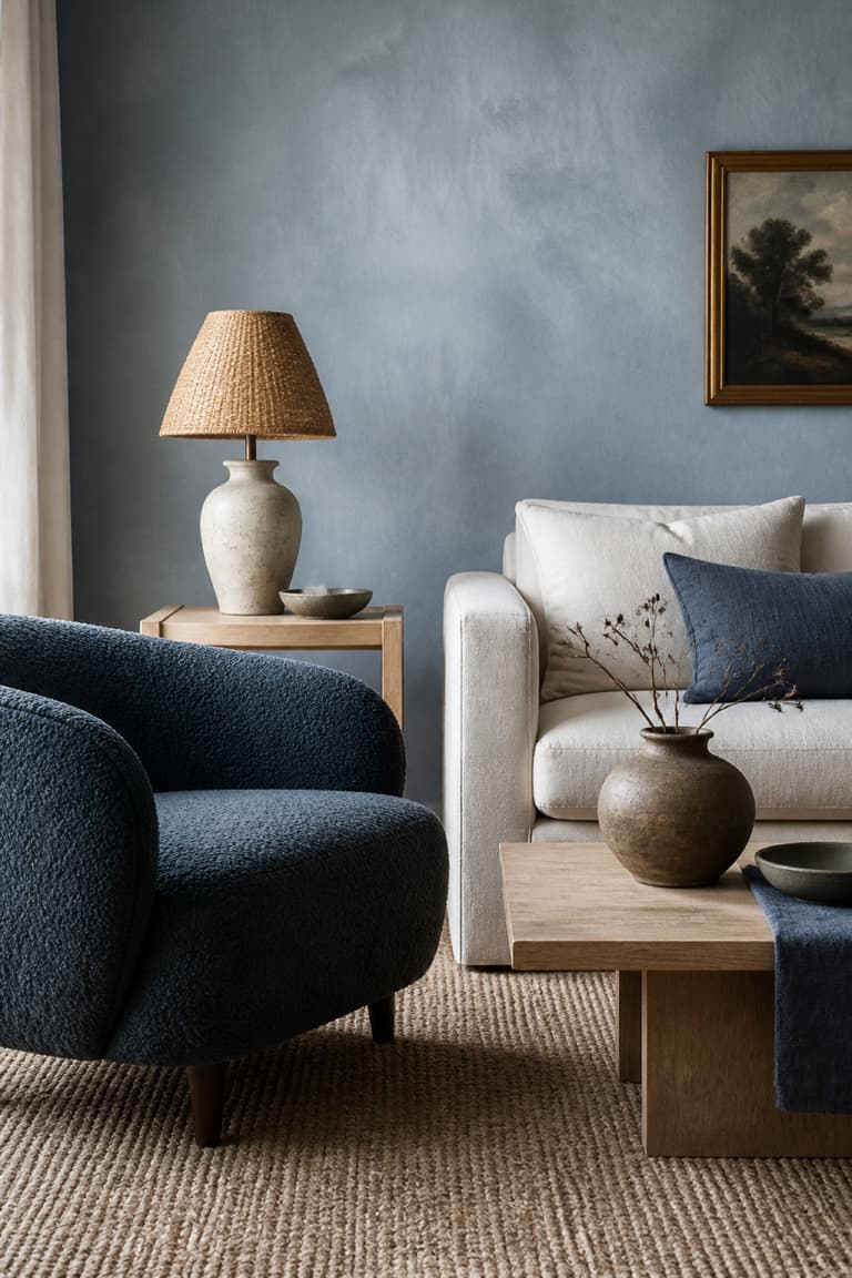 Salon scandicraft bleu avec fauteuil texturé, canapé écru, table en bois et lampe en fibres naturelles.
