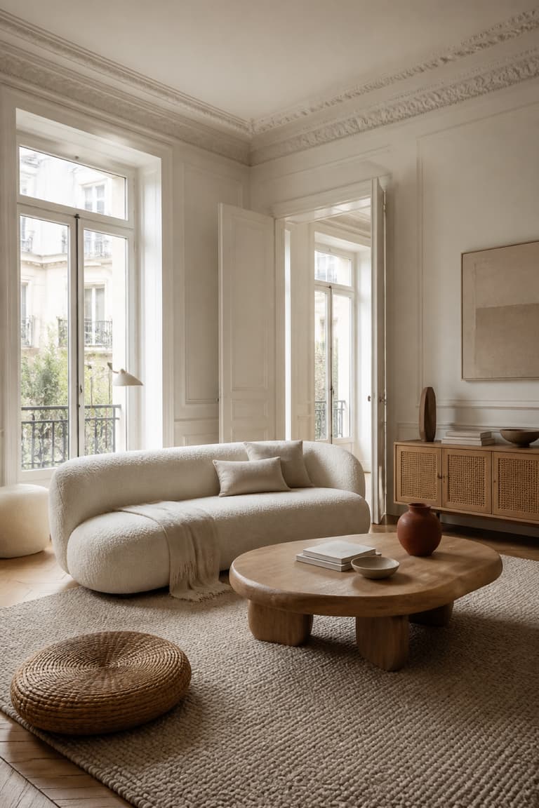 Salon parisien aux moulures avec canapé écru, table basse en bois brut et meuble en cannage.