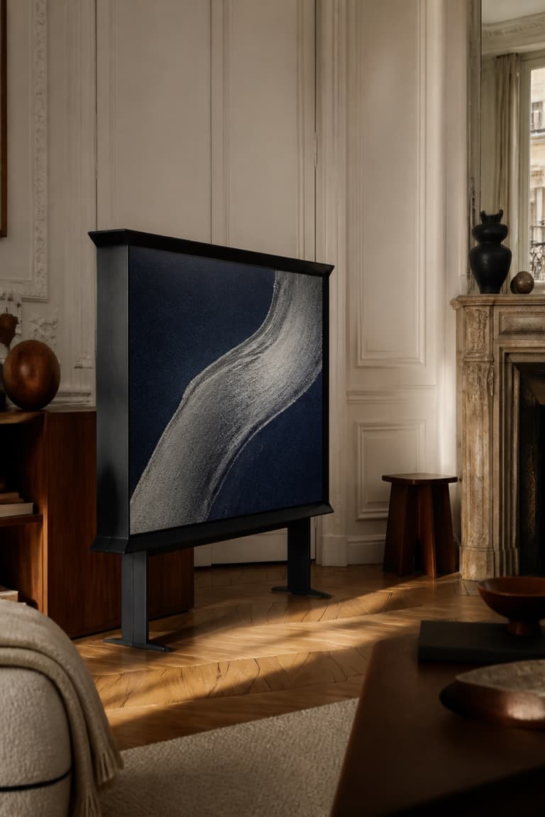 Téléviseur au design sculptural inspiré de la Serif TV dans un salon parisien contemporain