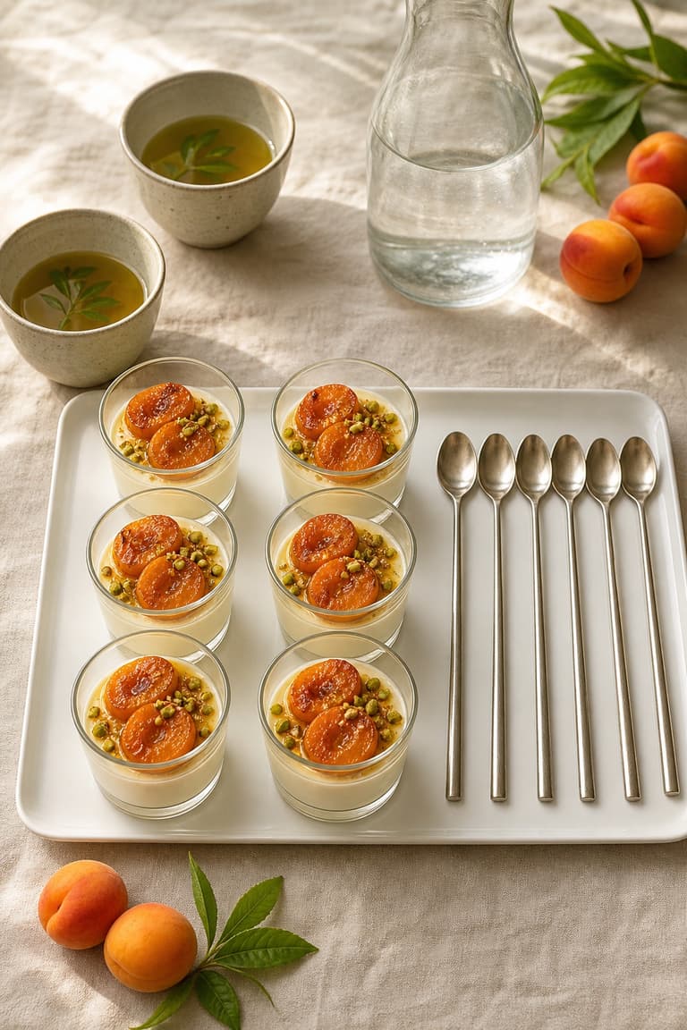 Six panna cotta aux abricots rôtis, pistaches et miel servies avec six cuillères et une infusion à la verveine