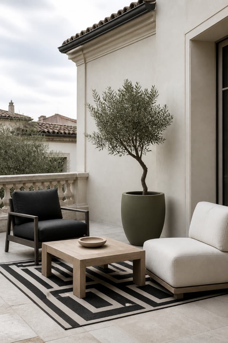 Tapis d’extérieur graphique noir et blanc avec mobilier contemporain