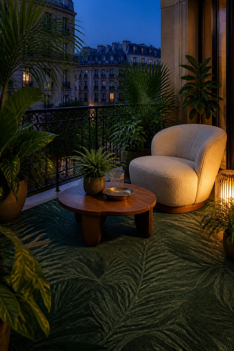 Tapis d’extérieur vert à motif feuillage sur un balcon végétalisé