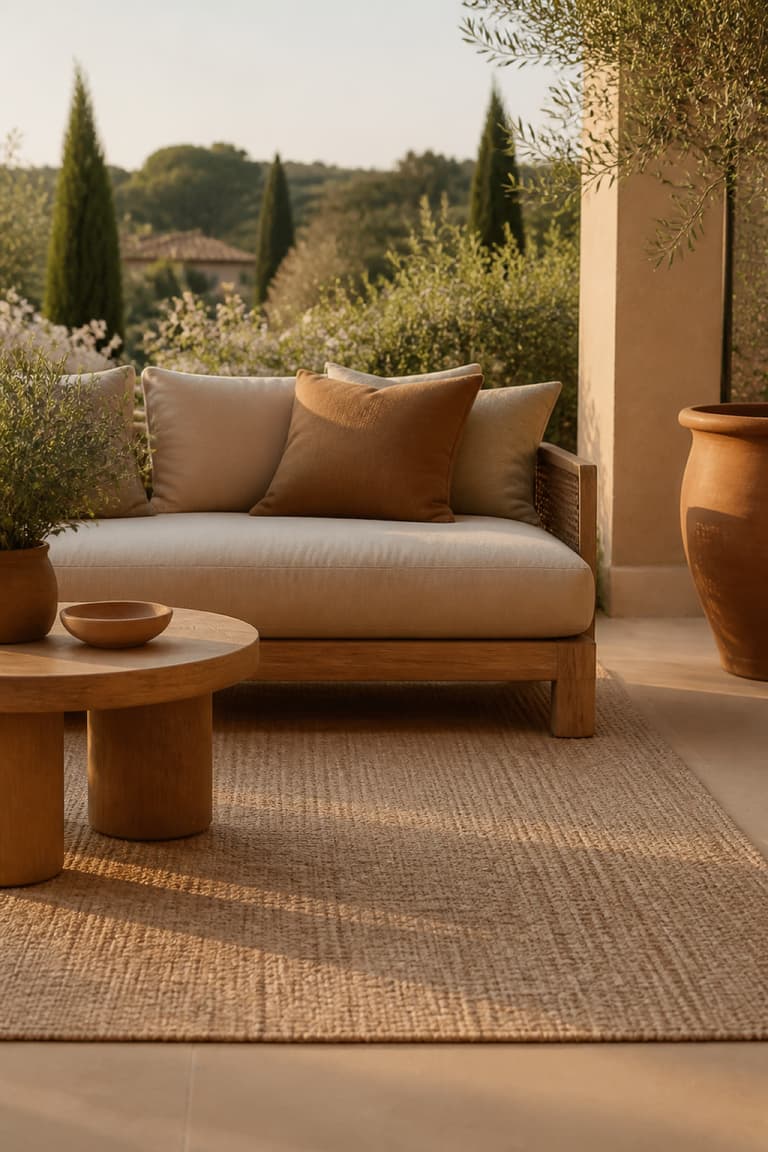 Tapis d’extérieur naturel beige sur une terrasse avec canapé en bois et plantes