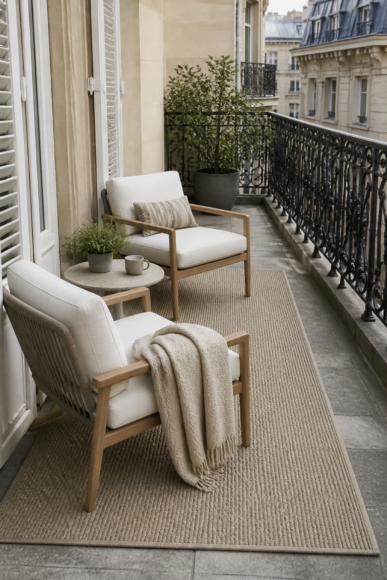 Tapis d’extérieur beige sous deux fauteuils sur un balcon parisien