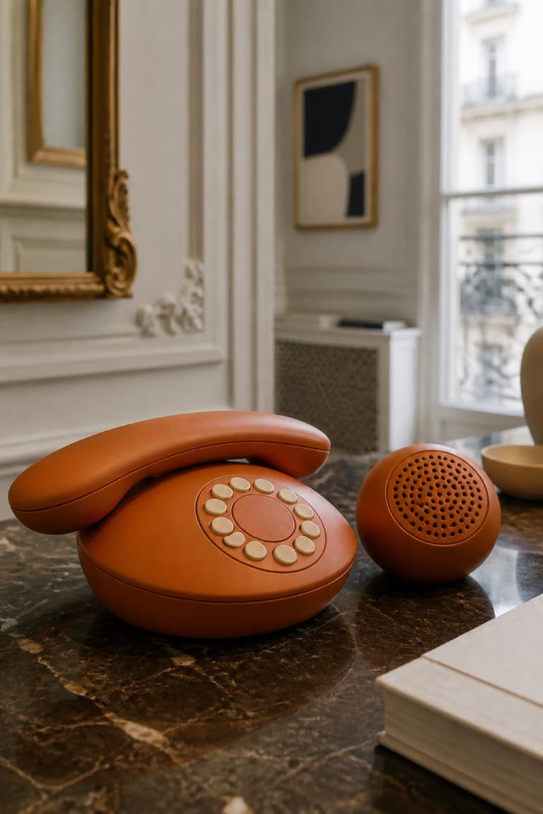 Téléphone néo-rétro orange avec combiné sans fil et écouteur haut-parleur séparé