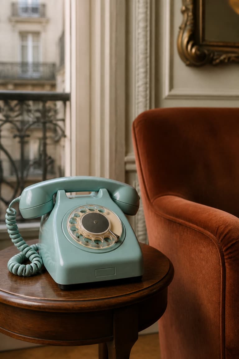 Téléphone rétro bleu canard posé sur une table en bois près d’un fauteuil en velours