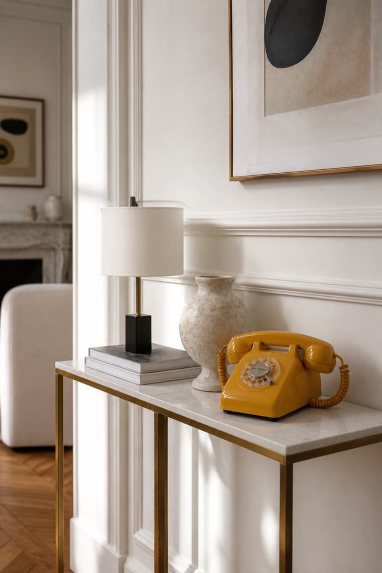 Téléphone rétro jaune posé sur une console en marbre avec lampe et vase