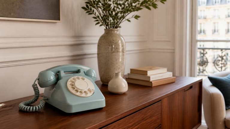 Téléphone rétro bleu canard posé sur une console en bois dans un intérieur parisien