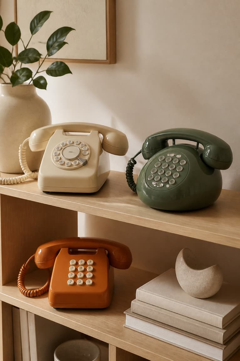 Trois rééditions de téléphones rétro crème, vert et orange posées sur une étagère