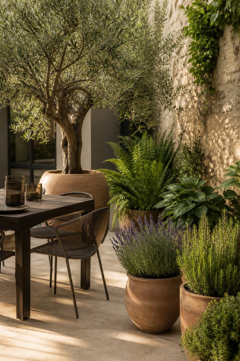 Terrasse contemporaine composée de jardinières selon l’exposition