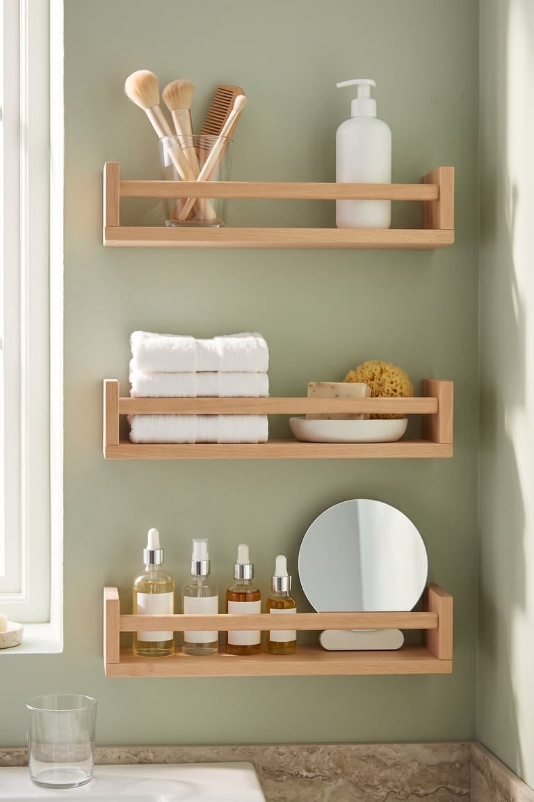 Trois étagères BEKVÄM en bois pour organiser les produits et serviettes de salle de bain