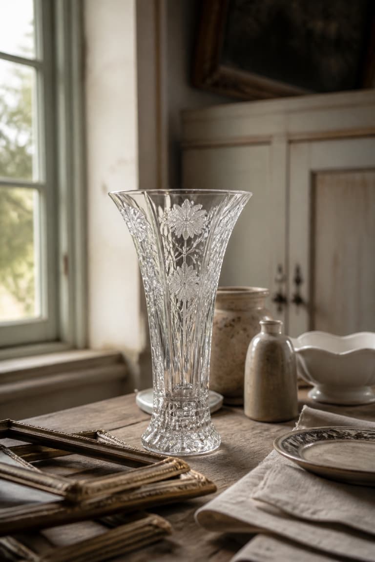 Vase en cristal ancien posé sur une table de brocante